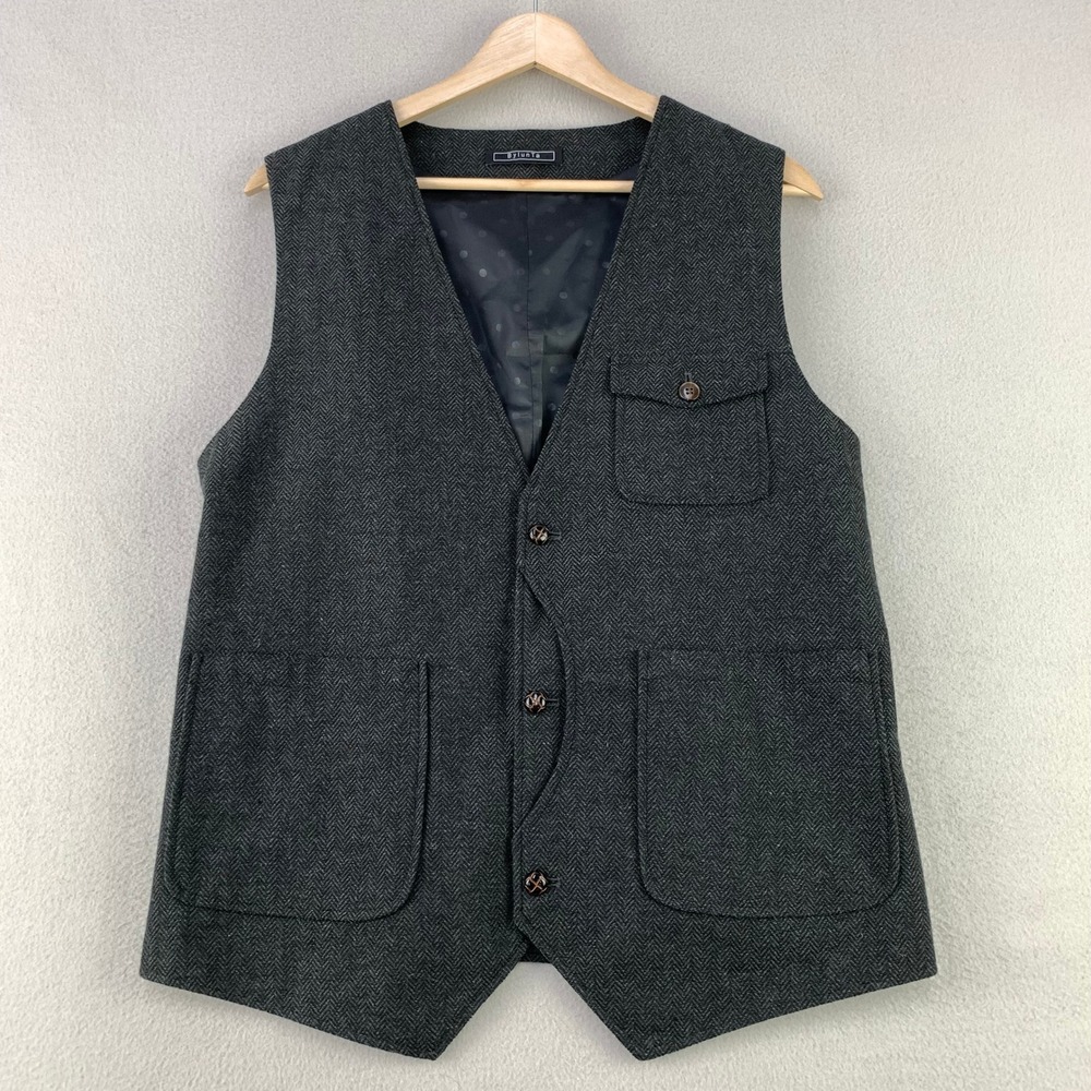 Mens Wool Tweed Waist Coat size Large Charcoal Herringbone Heritage Old Money